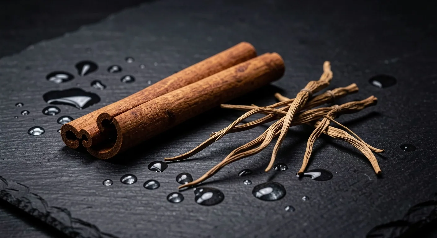 Fresh botanical ingredients on a dark surface