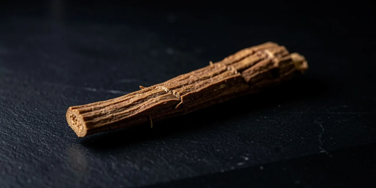 A close-up of a dried botanical root on a laboratory surface