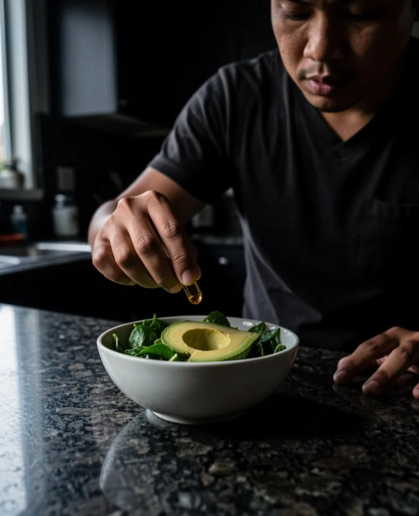 A man preparing a healthy meal with natural supplements