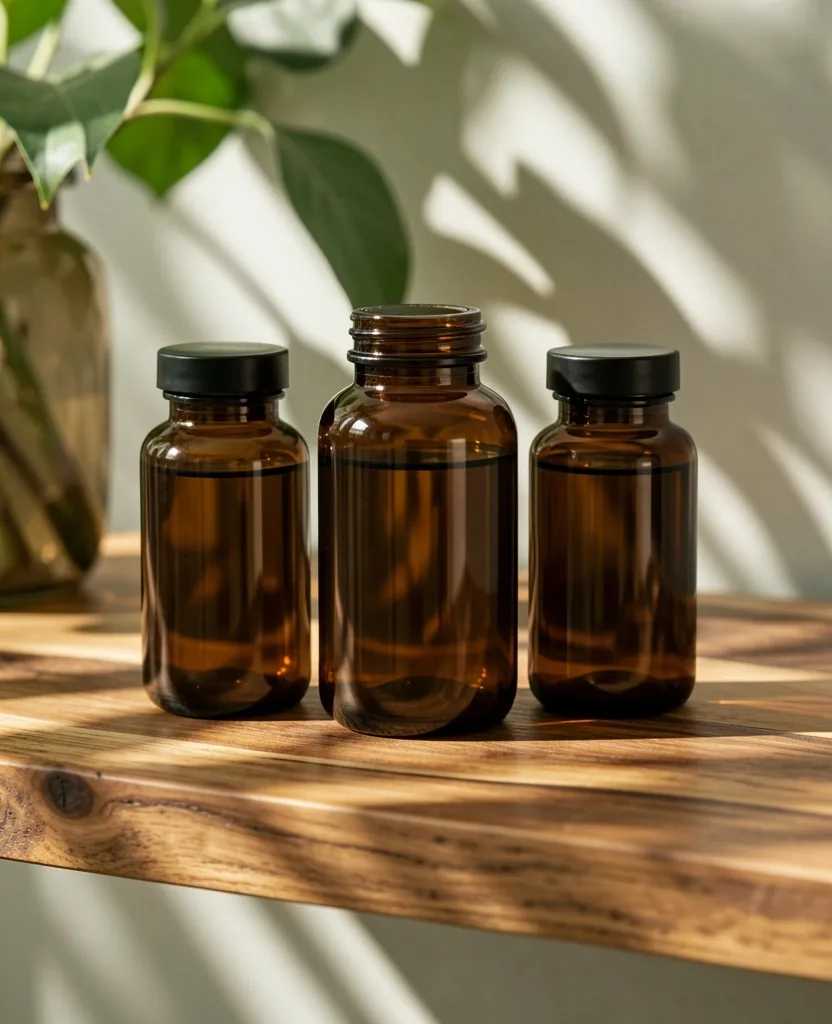 Natural supplement containers on a shelf