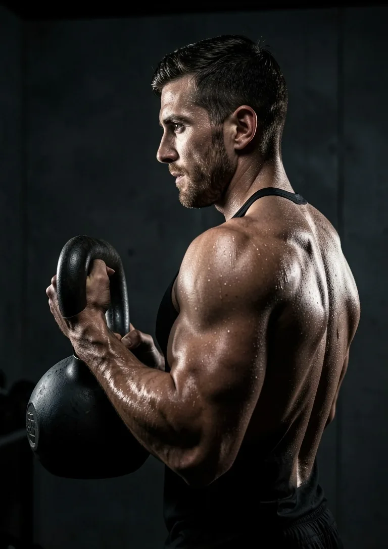 Man training with kettlebell in dark gym